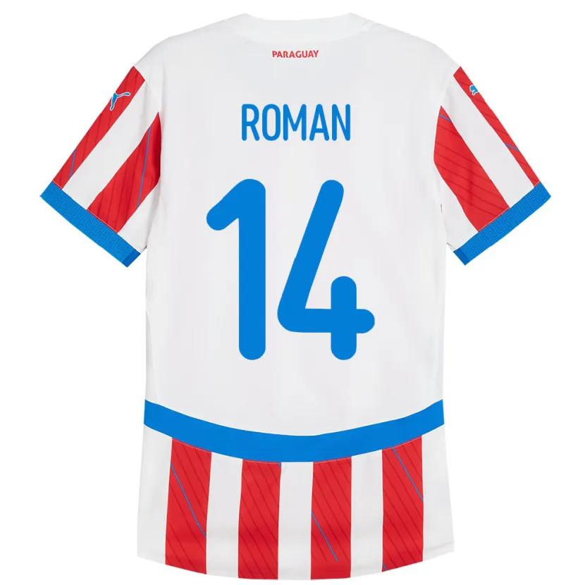 Danxen Hombre Camiseta Paraguay Fernando Román #14 Blanco Rojo 1ª Equipación 24-26 La Camisa