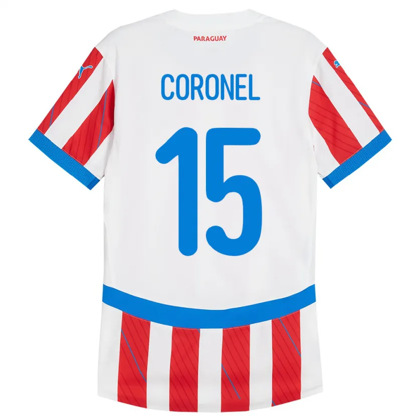 Danxen Hombre Camiseta Paraguay Éver Coronel #15 Blanco Rojo 1ª Equipación 24-26 La Camisa
