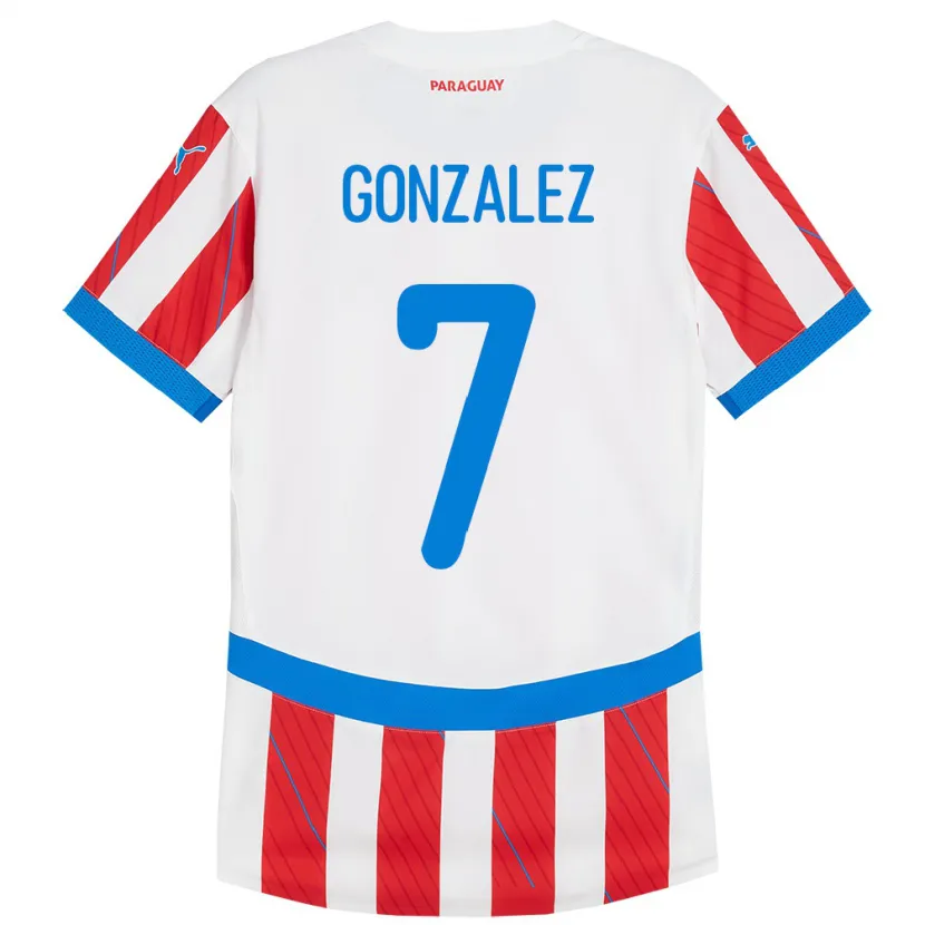 Danxen Mujer Camiseta Paraguay Diego González #7 Blanco Rojo 1ª Equipación 24-26 La Camisa