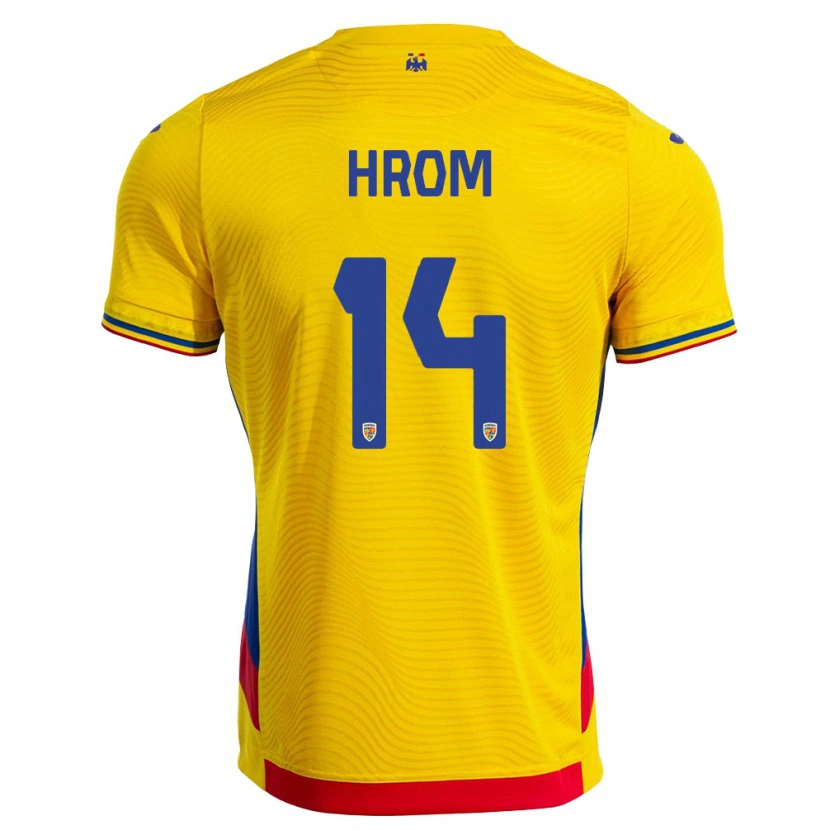 Danxen Niño Camiseta Rumania Darian Hrom #14 Amarillo Rojo 1ª Equipación 26-28 La Camisa