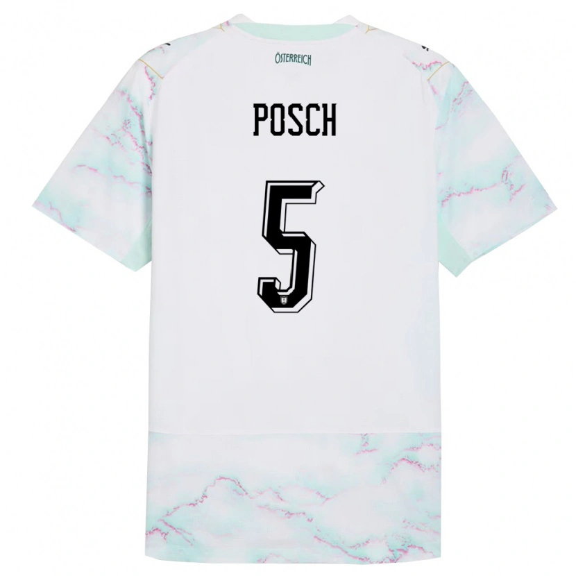Danxen Niño Camiseta Austria Stefan Posch #5 Blanco Verde Oro 2ª Equipación 26-28 La Camisa