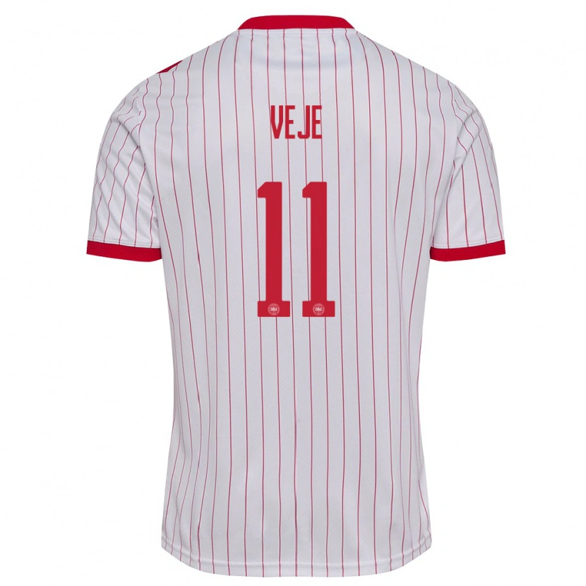 Danxen Niño Camiseta Dinamarca Katrine Veje #11 Blanco Rojo 2ª Equipación 26-28 La Camisa