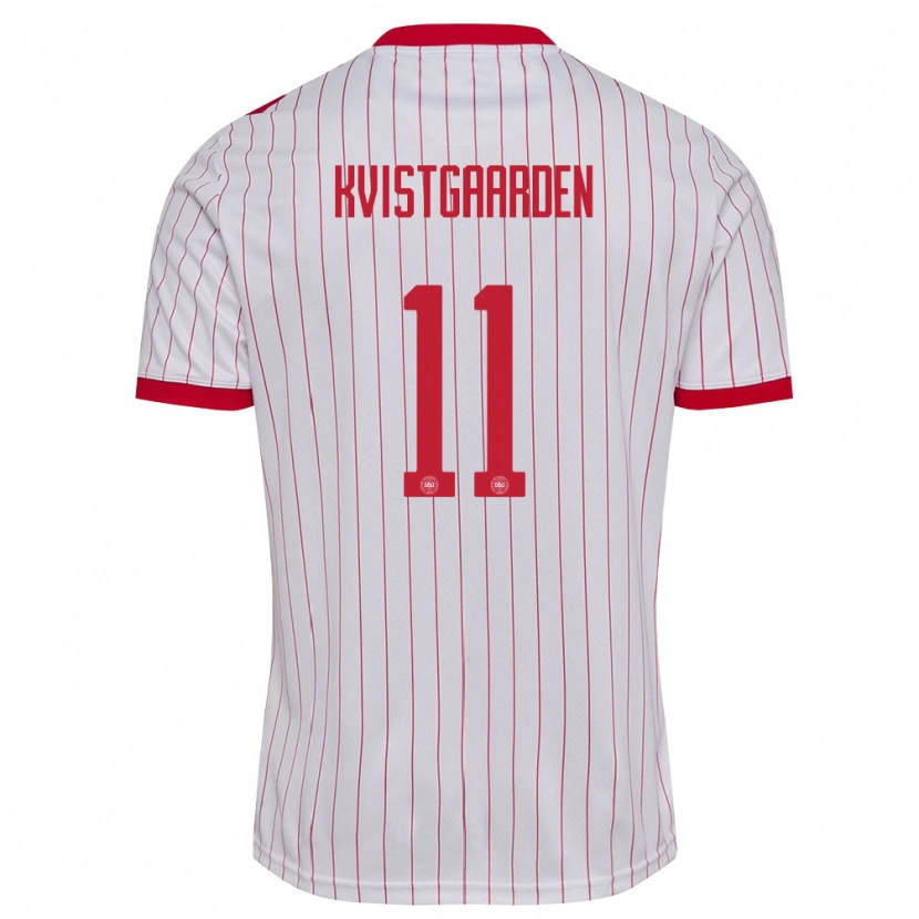 Danxen Niño Camiseta Dinamarca Mathias Kvistgaarden #11 Blanco Rojo 2ª Equipación 26-28 La Camisa