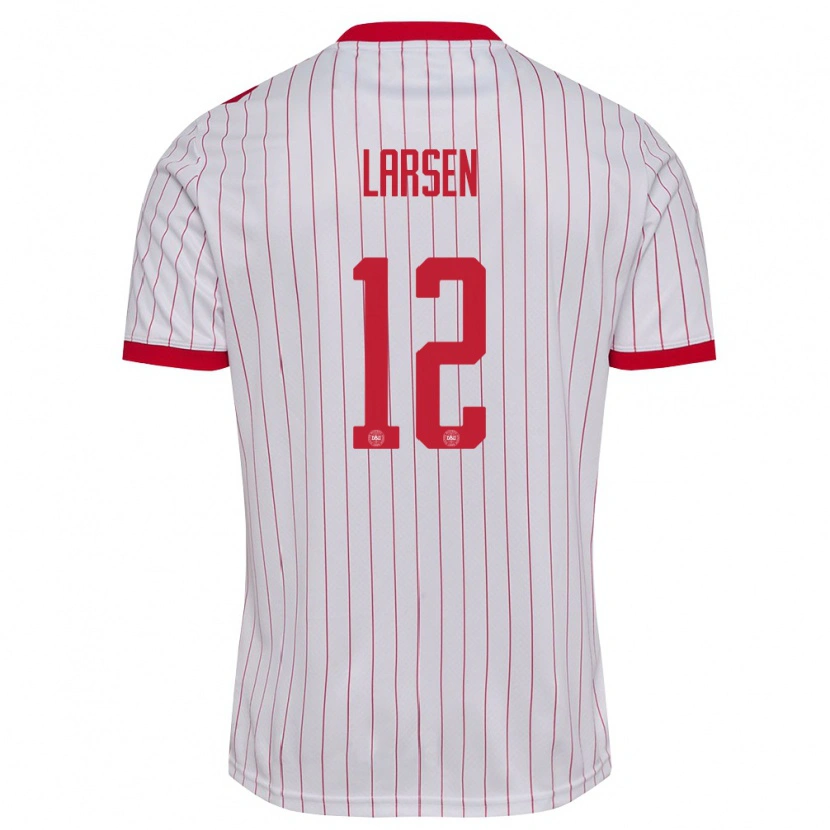 Danxen Niño Camiseta Dinamarca Stine Larsen #12 Blanco Rojo 2ª Equipación 26-28 La Camisa