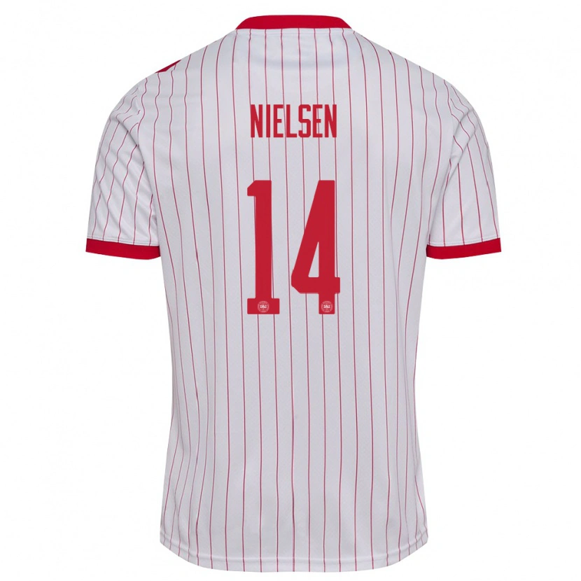 Danxen Niño Camiseta Dinamarca Julius Nielsen #14 Blanco Rojo 2ª Equipación 26-28 La Camisa