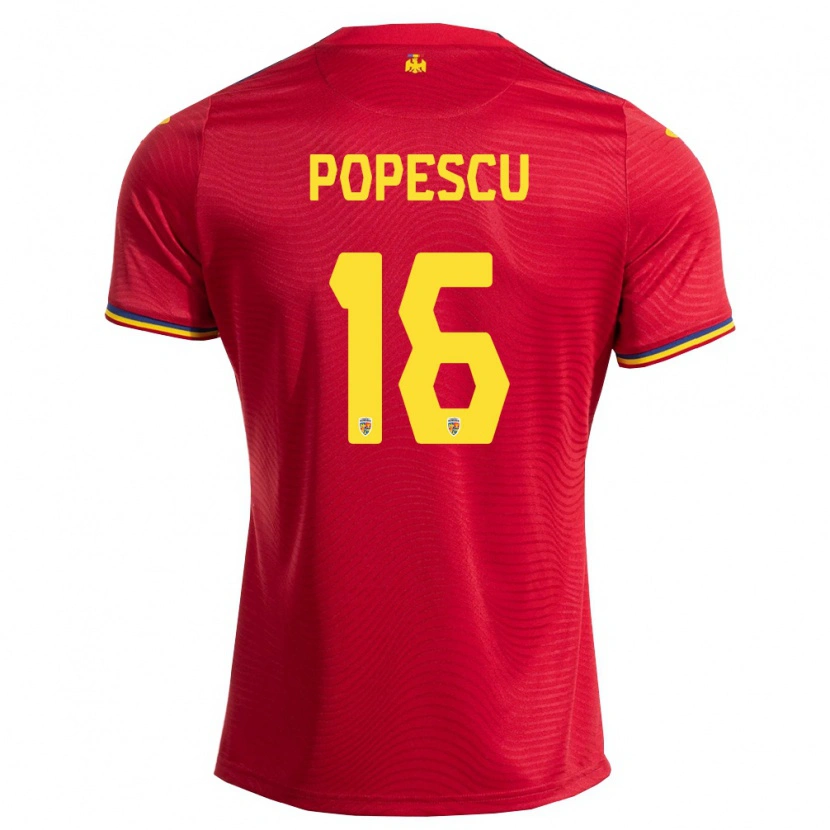 Danxen Niño Camiseta Rumania Laurențiu Popescu #16 Rojo Marino Amarillo 2ª Equipación 26-28 La Camisa
