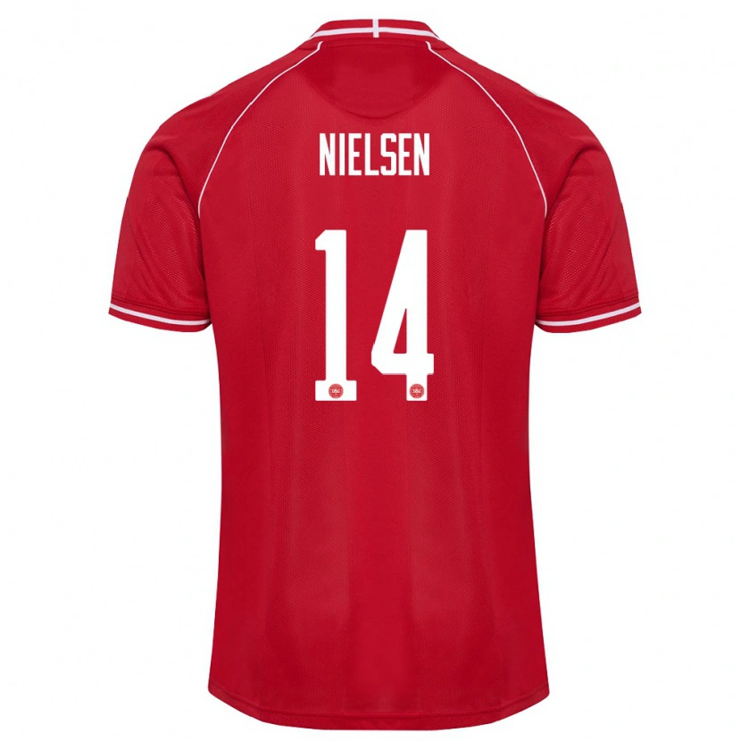 Danxen Hombre Camiseta Dinamarca Julius Nielsen #14 Rojo Blanco 1ª Equipación 26-28 La Camisa