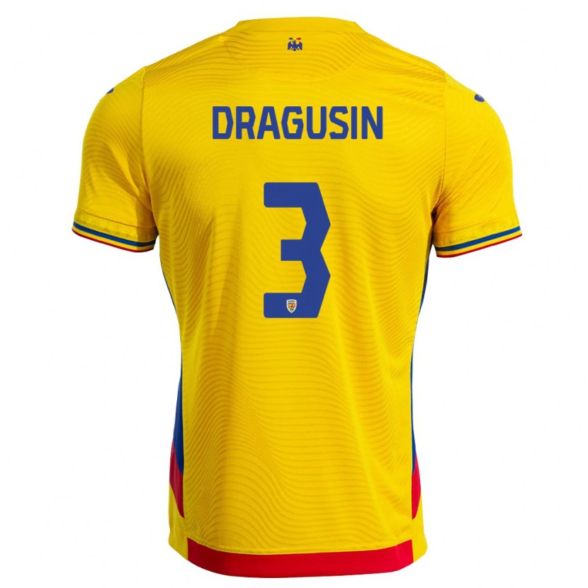 Danxen Hombre Camiseta Rumania Radu Drăgușin #3 Amarillo Rojo 1ª Equipación 26-28 La Camisa