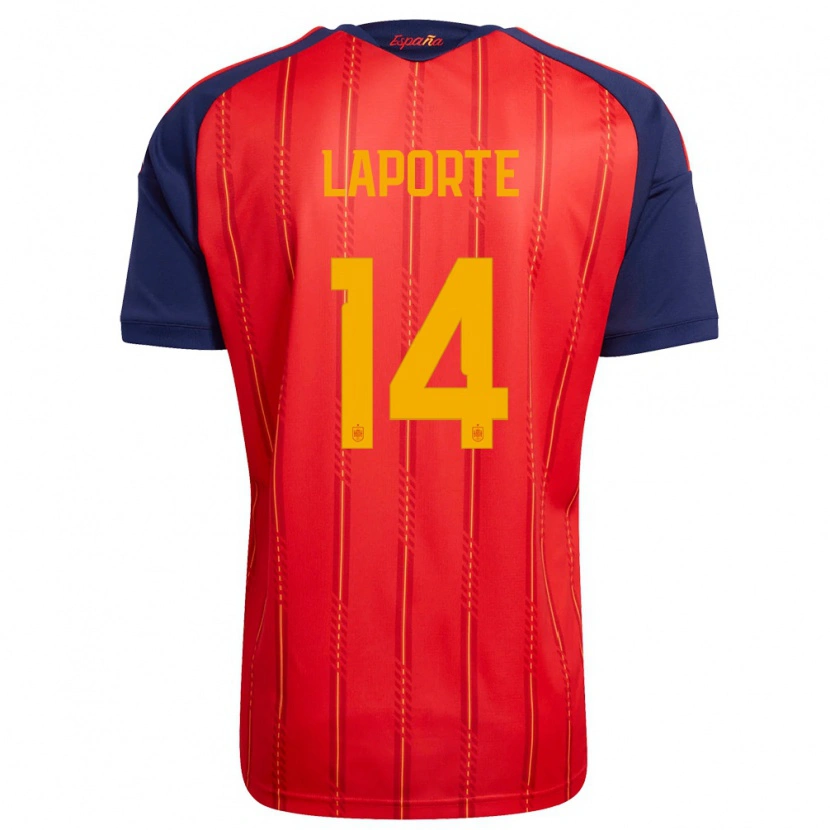 Danxen Hombre Camiseta España Aymeric Laporte #14 Rojo Marino Amarillo 1ª Equipación 26-28 La Camisa
