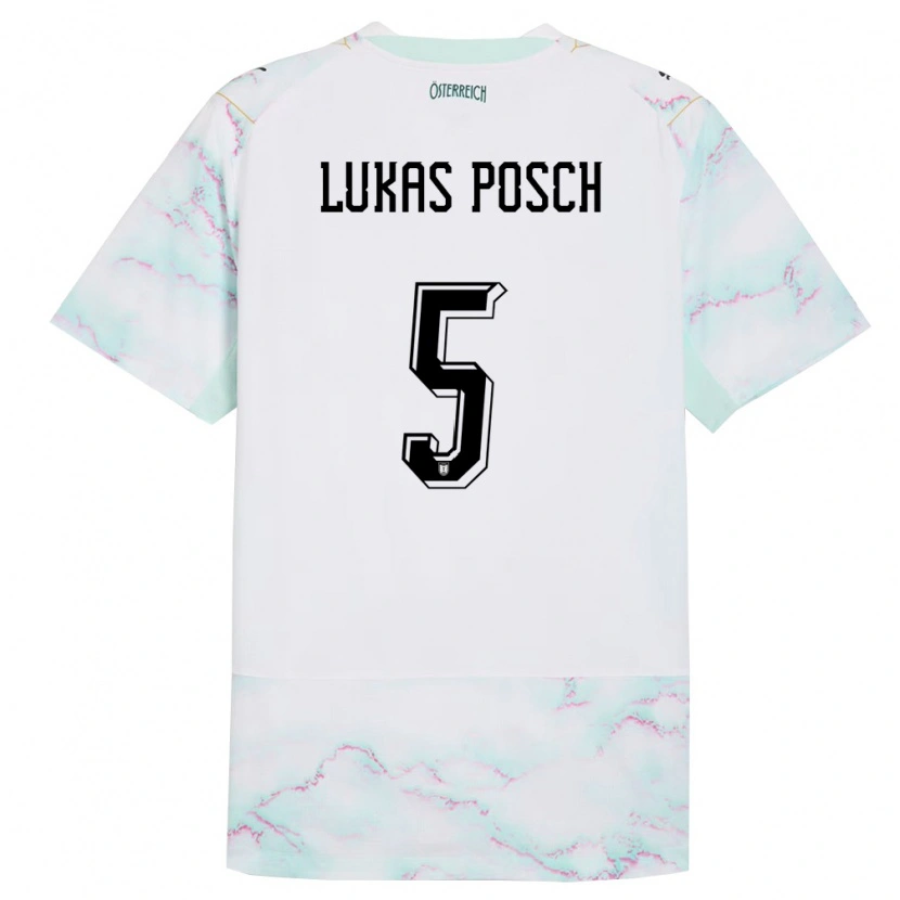 Danxen Hombre Camiseta Austria Lukas Posch #5 Blanco Verde Oro 2ª Equipación 26-28 La Camisa