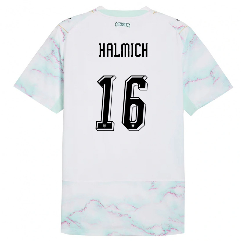 Danxen Hombre Camiseta Austria Julian Halmich #16 Blanco Verde Oro 2ª Equipación 26-28 La Camisa
