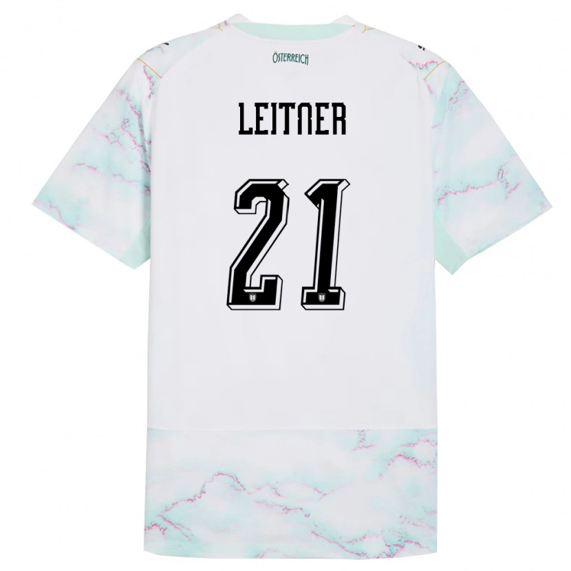 Danxen Hombre Camiseta Austria Annelie Leitner #21 Blanco Verde Oro 2ª Equipación 26-28 La Camisa