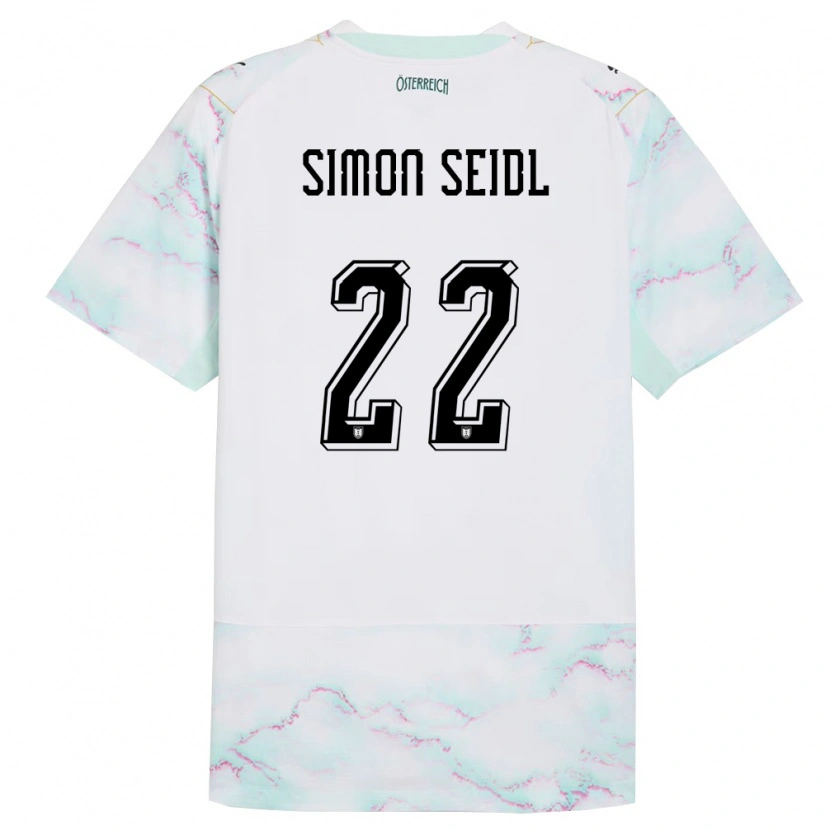 Danxen Hombre Camiseta Austria Simon Seidl #22 Blanco Verde Oro 2ª Equipación 26-28 La Camisa
