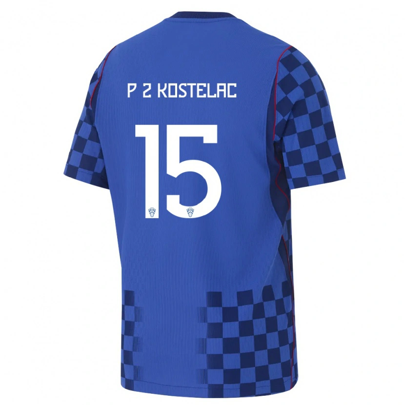 Danxen Hombre Camiseta Croacia Petar Zvonimir Kostelac #15 Azul Marino Rojo 2ª Equipación 26-28 La Camisa