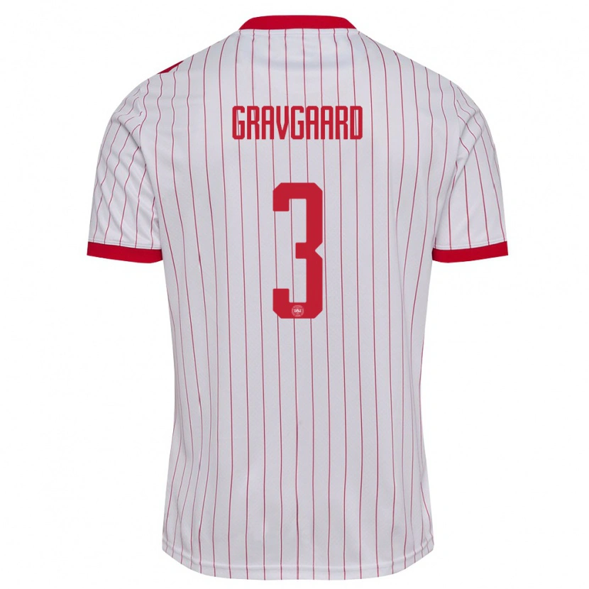 Danxen Hombre Camiseta Dinamarca Gustav Gravgaard #3 Blanco Rojo 2ª Equipación 26-28 La Camisa