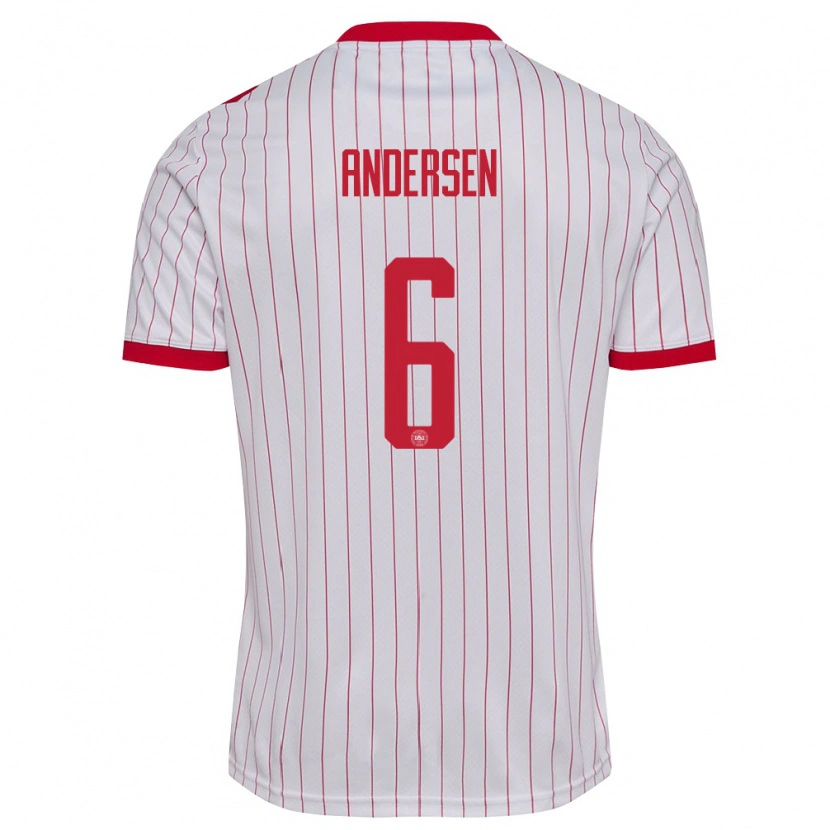 Danxen Hombre Camiseta Dinamarca Silas Andersen #6 Blanco Rojo 2ª Equipación 26-28 La Camisa