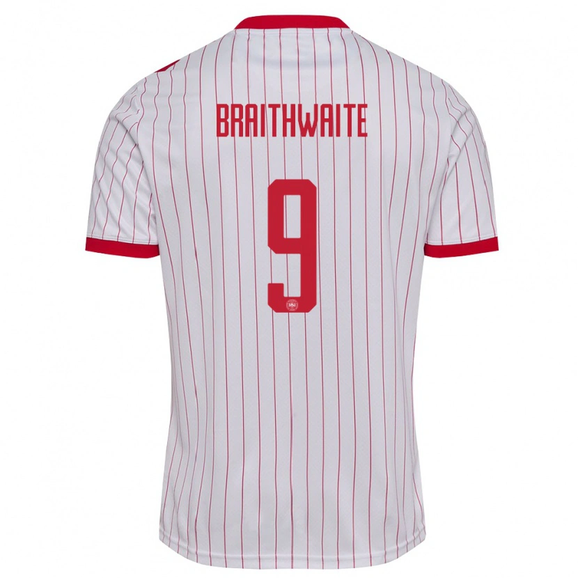 Danxen Hombre Camiseta Dinamarca Martin Braithwaite #9 Blanco Rojo 2ª Equipación 26-28 La Camisa