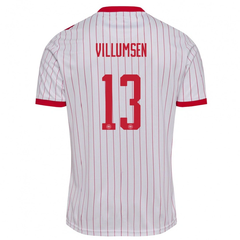 Danxen Hombre Camiseta Dinamarca Elias Villumsen #13 Blanco Rojo 2ª Equipación 26-28 La Camisa