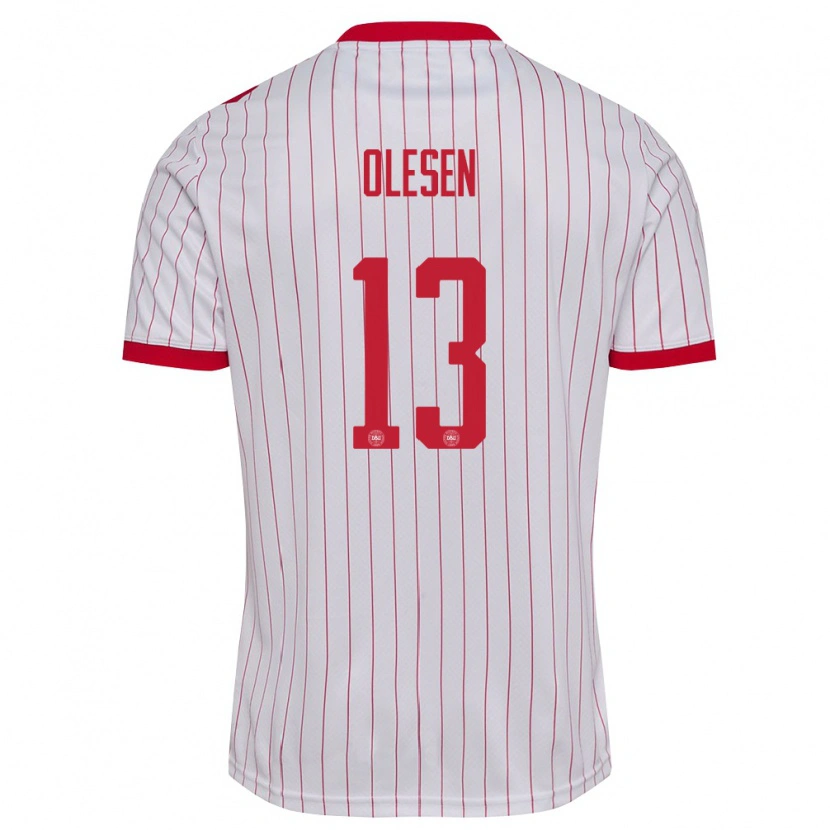 Danxen Hombre Camiseta Dinamarca Karoline Olesen #13 Blanco Rojo 2ª Equipación 26-28 La Camisa