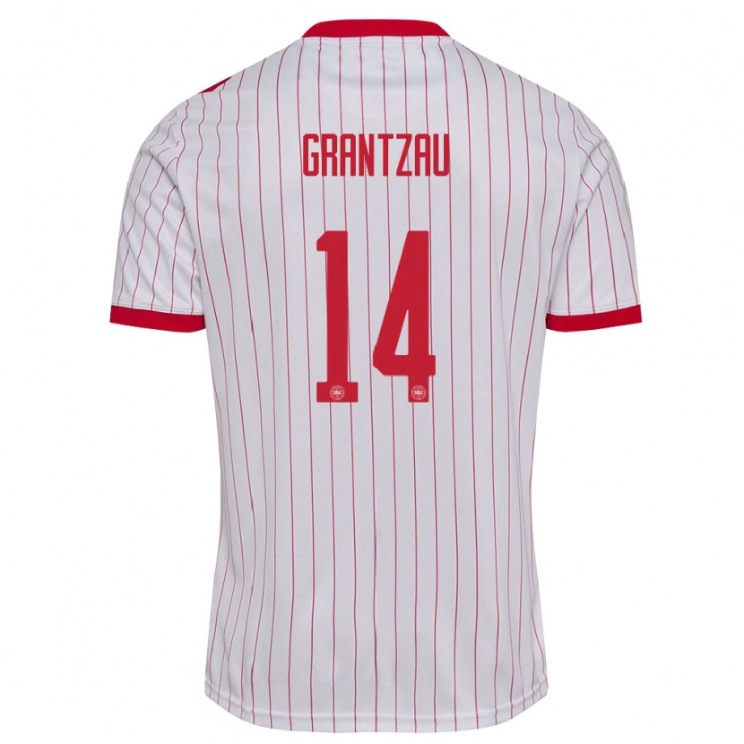 Danxen Hombre Camiseta Dinamarca Zander Grantzau #14 Blanco Rojo 2ª Equipación 26-28 La Camisa