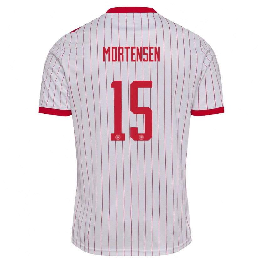 Danxen Hombre Camiseta Dinamarca Gustav Mortensen #15 Blanco Rojo 2ª Equipación 26-28 La Camisa