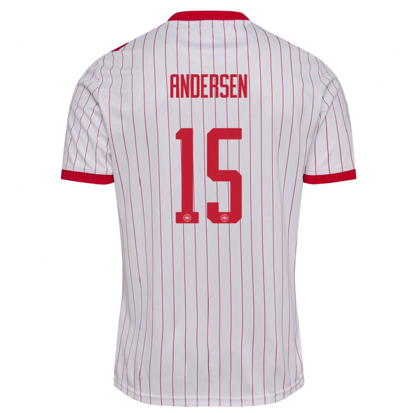 Danxen Hombre Camiseta Dinamarca Jacob Andersen #15 Blanco Rojo 2ª Equipación 26-28 La Camisa
