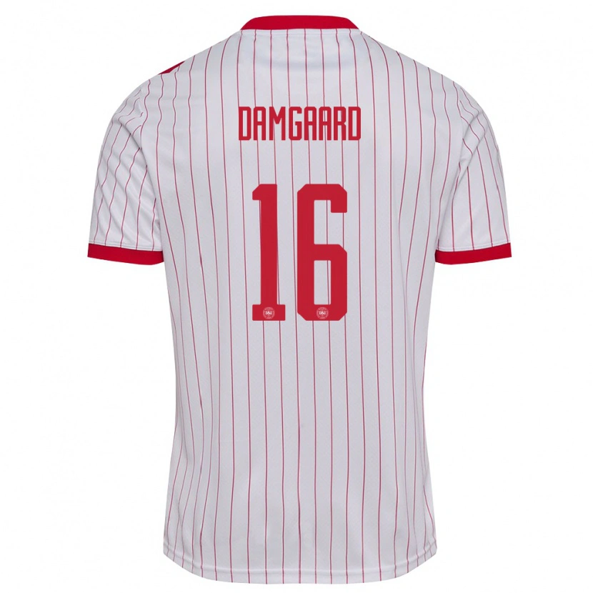 Danxen Hombre Camiseta Dinamarca William Damgaard #16 Blanco Rojo 2ª Equipación 26-28 La Camisa