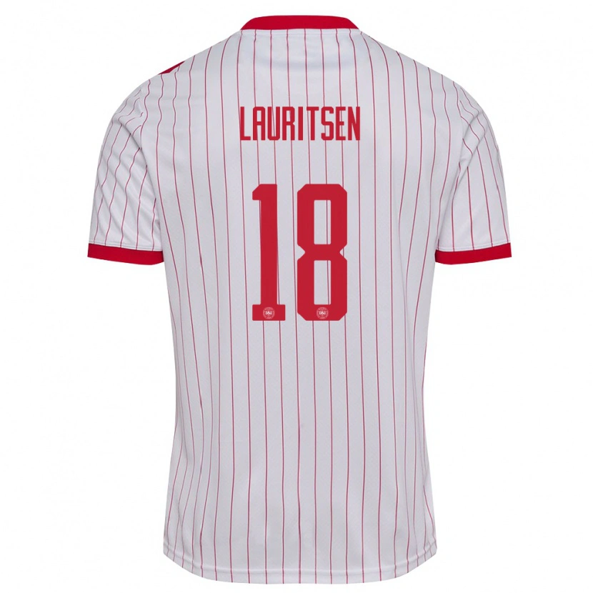 Danxen Hombre Camiseta Dinamarca Tobias Lauritsen #18 Blanco Rojo 2ª Equipación 26-28 La Camisa