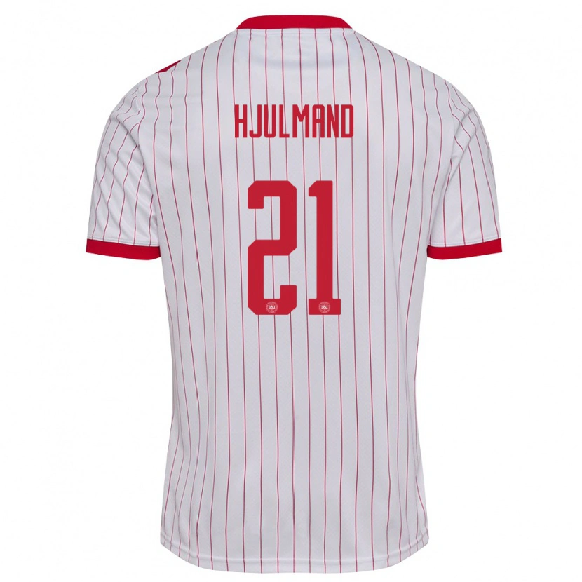 Danxen Hombre Camiseta Dinamarca Morten Hjulmand #21 Blanco Rojo 2ª Equipación 26-28 La Camisa