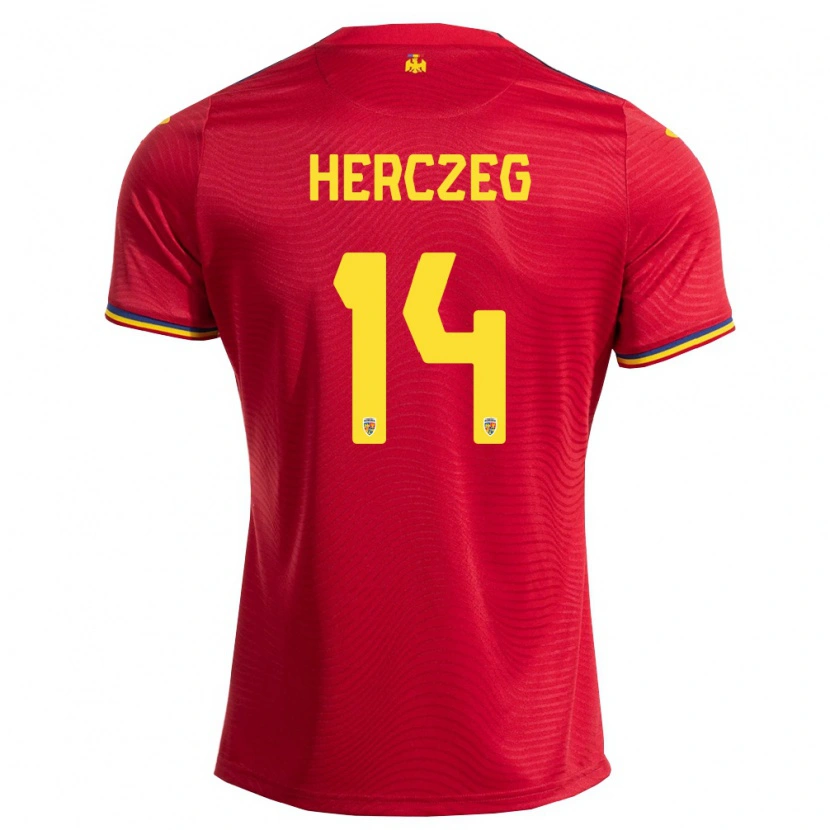 Danxen Hombre Camiseta Rumania Andrea Herczeg #14 Rojo Marino Amarillo 2ª Equipación 26-28 La Camisa