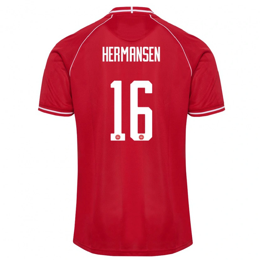 Danxen Mujer Camiseta Dinamarca Mads Hermansen #16 Rojo Blanco 1ª Equipación 26-28 La Camisa