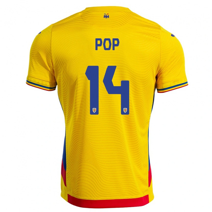 Danxen Mujer Camiseta Rumania Rareș Pop #14 Amarillo Rojo 1ª Equipación 26-28 La Camisa