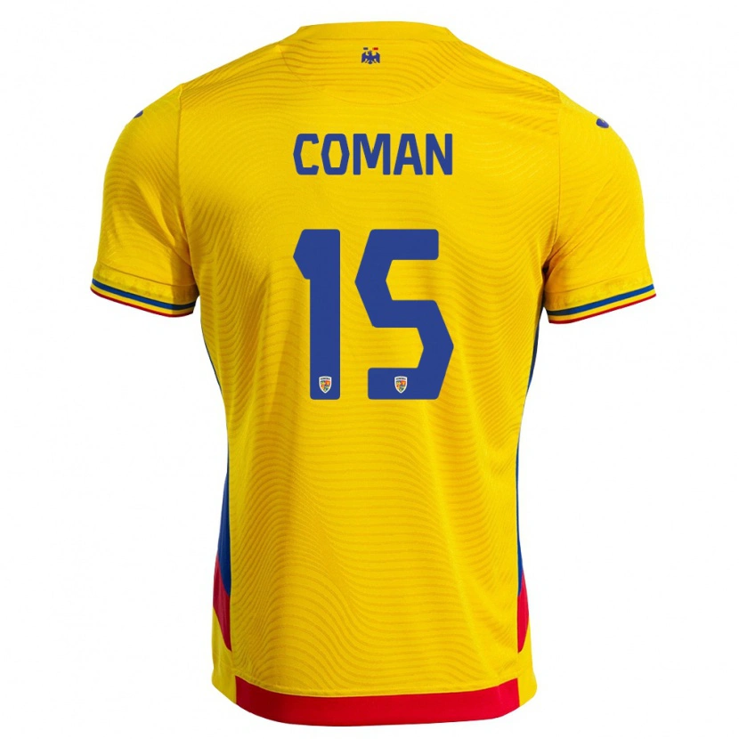 Danxen Mujer Camiseta Rumania Rareș Coman #15 Amarillo Rojo 1ª Equipación 26-28 La Camisa