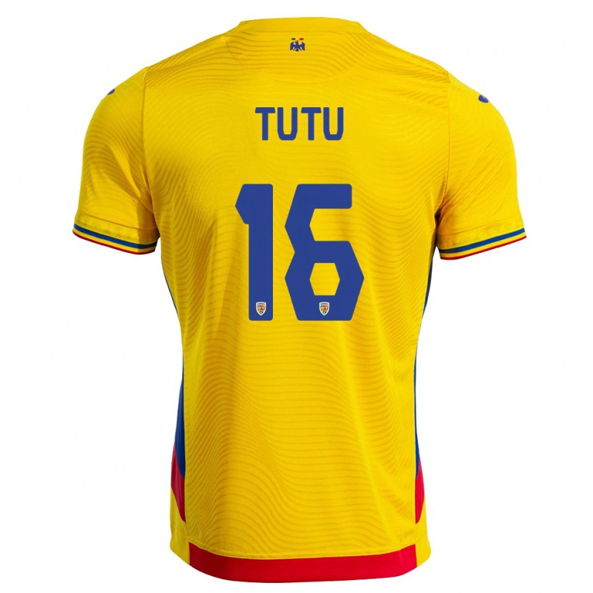 Danxen Mujer Camiseta Rumania Mark Țuțu #16 Amarillo Rojo 1ª Equipación 26-28 La Camisa