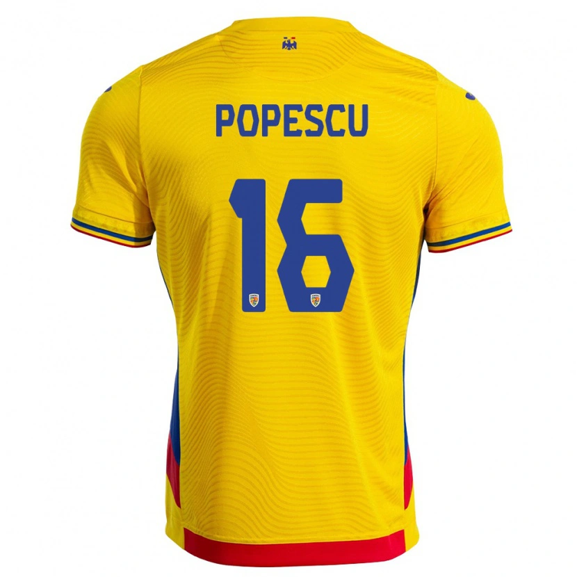 Danxen Mujer Camiseta Rumania Laurențiu Popescu #16 Amarillo Rojo 1ª Equipación 26-28 La Camisa