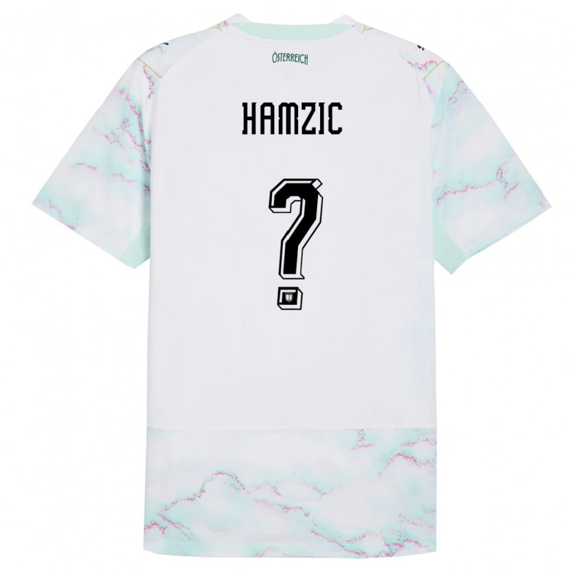 Danxen Mujer Camiseta Austria Salko Hamzic #0 Blanco Verde Oro 2ª Equipación 26-28 La Camisa