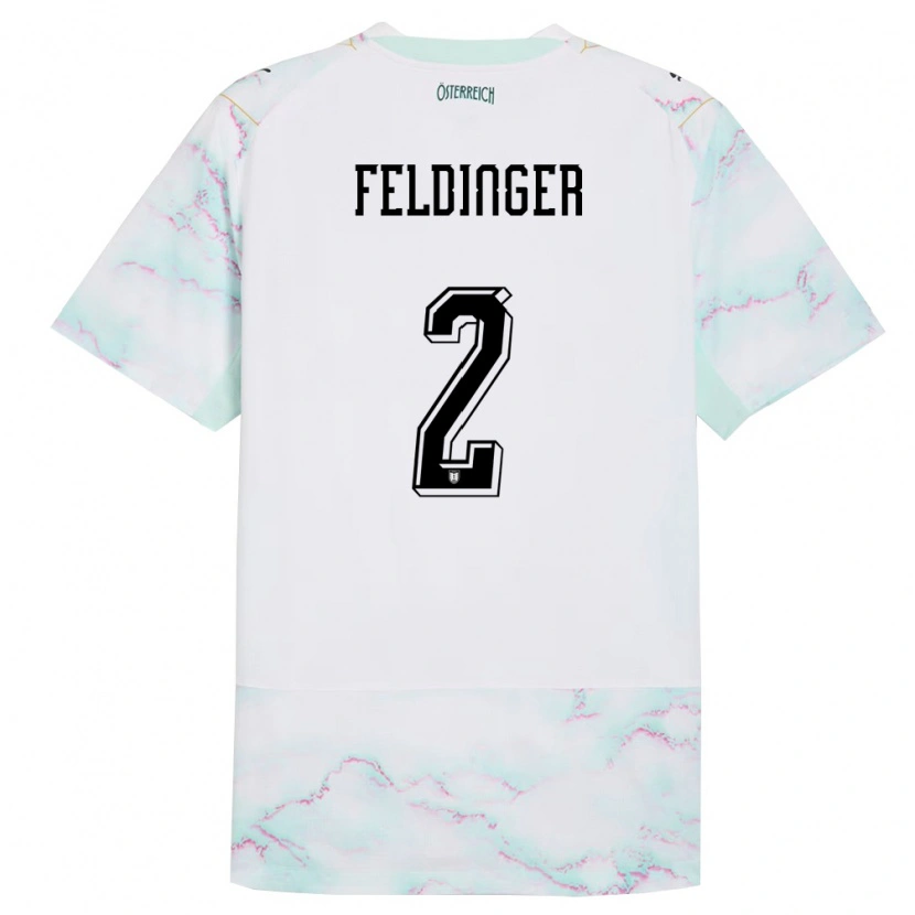 Danxen Mujer Camiseta Austria Rafael Feldinger #2 Blanco Verde Oro 2ª Equipación 26-28 La Camisa