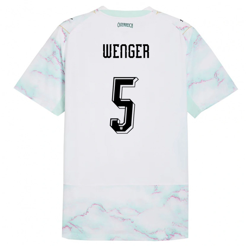Danxen Mujer Camiseta Austria Claudia Wenger #5 Blanco Verde Oro 2ª Equipación 26-28 La Camisa