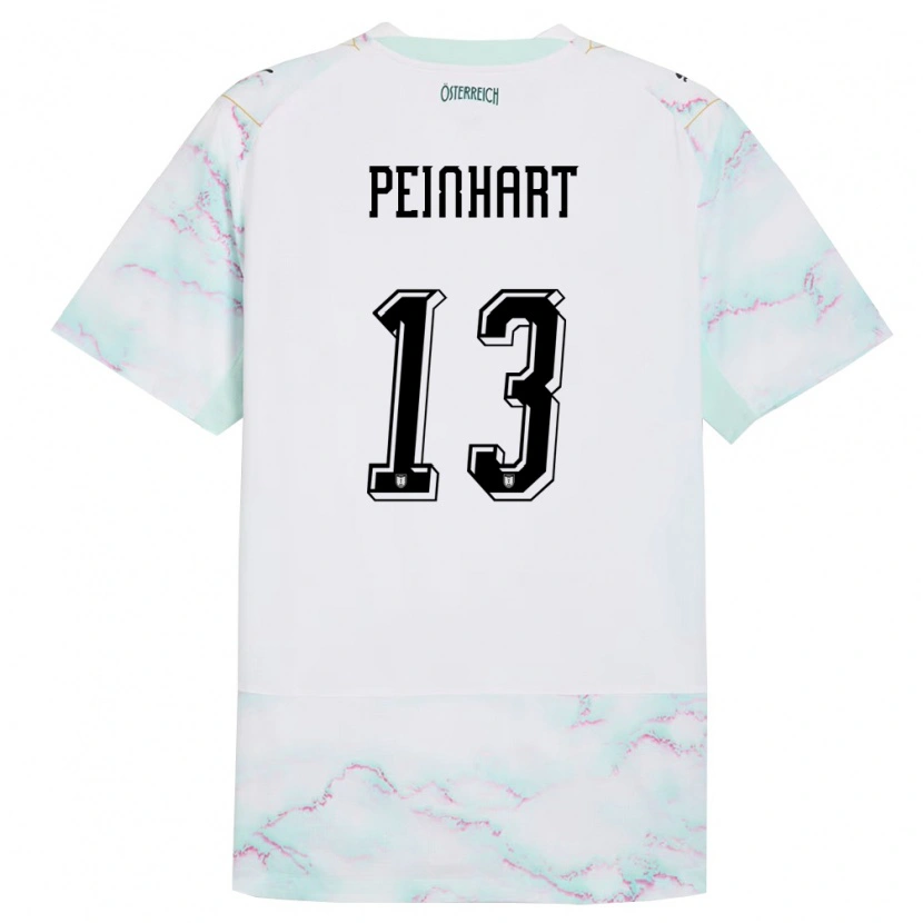 Danxen Mujer Camiseta Austria Jonas Peinhart #13 Blanco Verde Oro 2ª Equipación 26-28 La Camisa