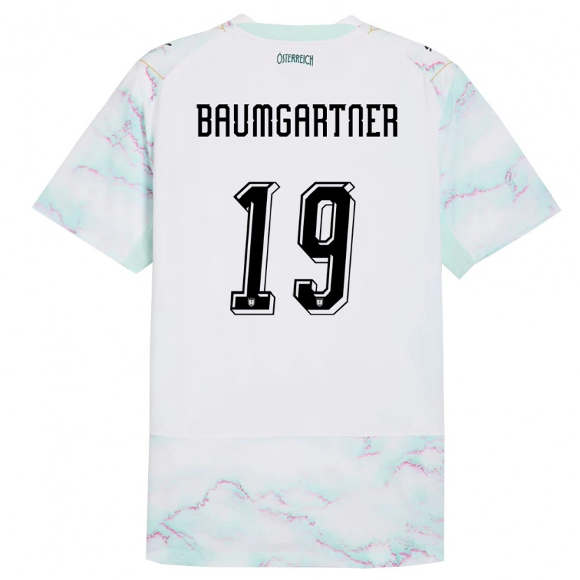 Danxen Mujer Camiseta Austria Christoph Baumgartner #19 Blanco Verde Oro 2ª Equipación 26-28 La Camisa