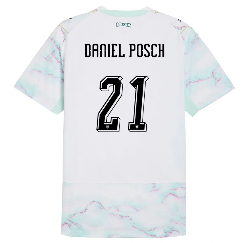 Danxen Mujer Camiseta Austria Daniel Posch #21 Blanco Verde Oro 2ª Equipación 26-28 La Camisa