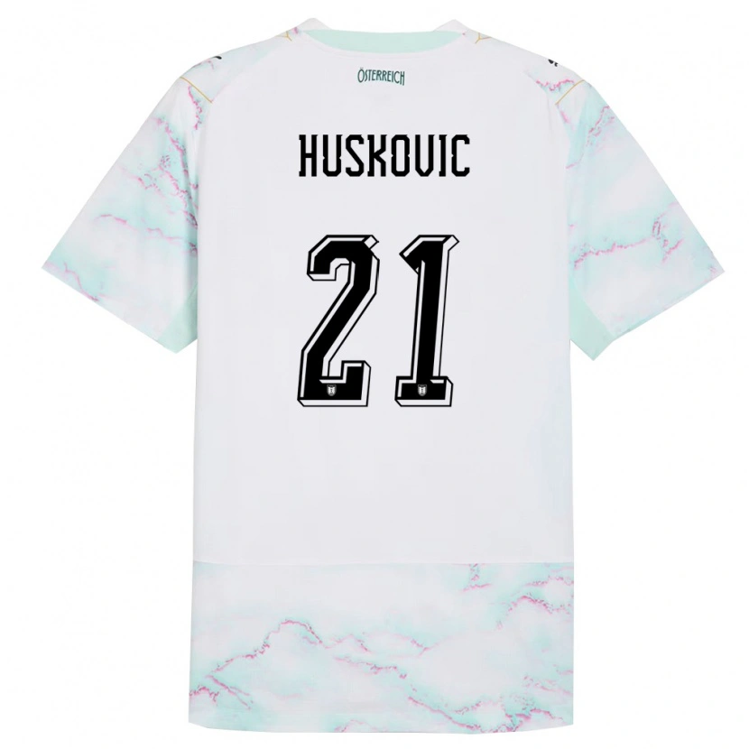 Danxen Mujer Camiseta Austria Muharem Huskovic #21 Blanco Verde Oro 2ª Equipación 26-28 La Camisa