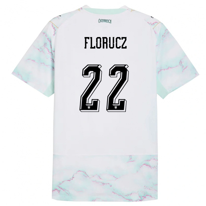 Danxen Mujer Camiseta Austria Raul Florucz #22 Blanco Verde Oro 2ª Equipación 26-28 La Camisa