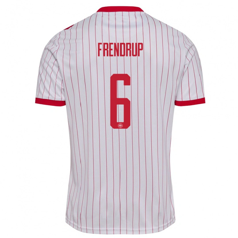 Danxen Mujer Camiseta Dinamarca Morten Frendrup #6 Blanco Rojo 2ª Equipación 26-28 La Camisa