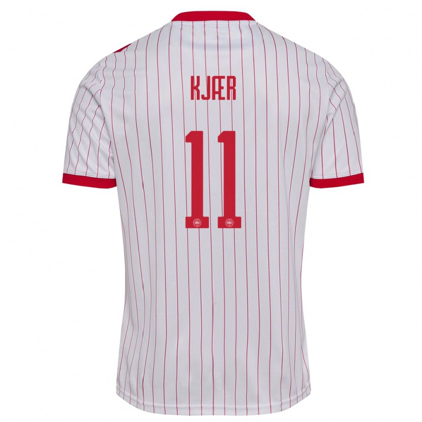 Danxen Mujer Camiseta Dinamarca Jeppe Kjær #11 Blanco Rojo 2ª Equipación 26-28 La Camisa