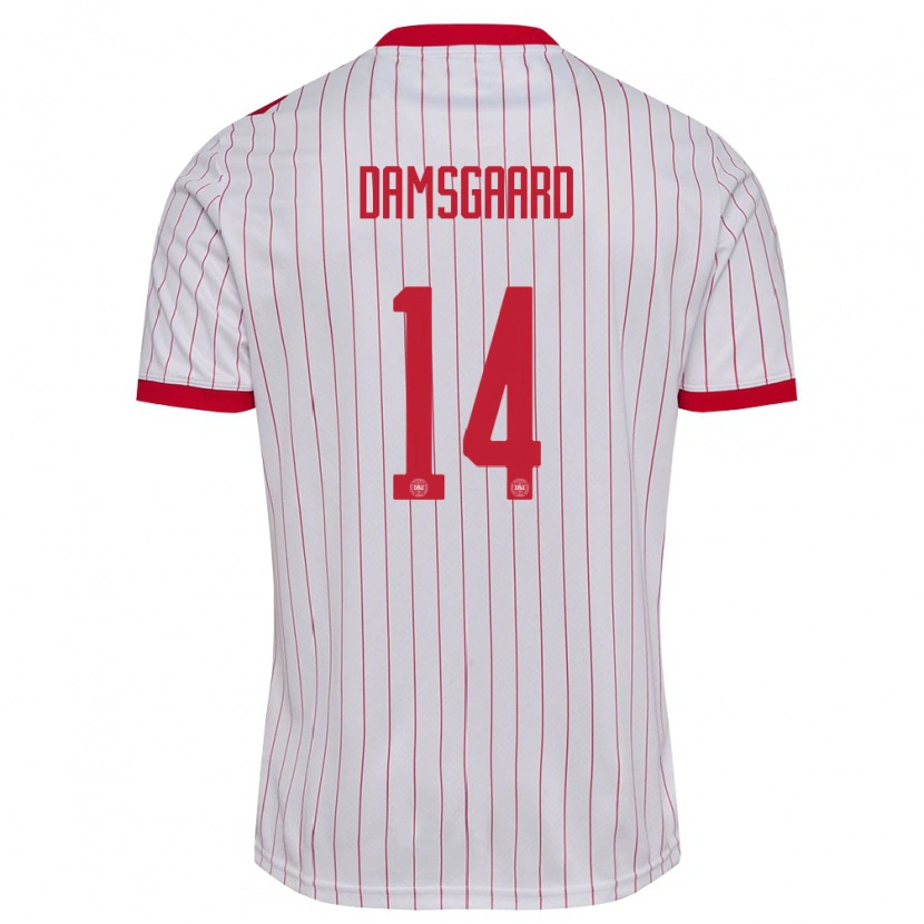 Danxen Mujer Camiseta Dinamarca Mikkel Damsgaard #14 Blanco Rojo 2ª Equipación 26-28 La Camisa
