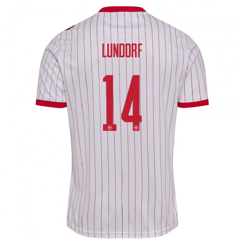 Danxen Mujer Camiseta Dinamarca Matilde Lundorf #14 Blanco Rojo 2ª Equipación 26-28 La Camisa