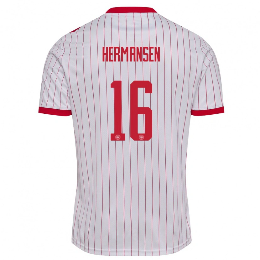 Danxen Mujer Camiseta Dinamarca Mads Hermansen #16 Blanco Rojo 2ª Equipación 26-28 La Camisa