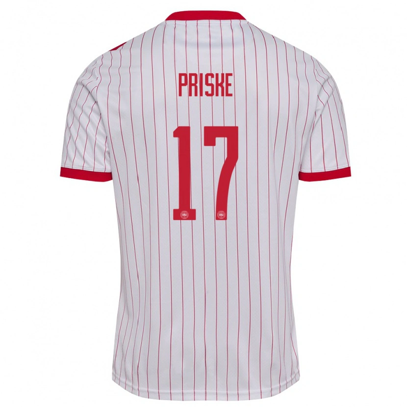 Danxen Mujer Camiseta Dinamarca August Priske #17 Blanco Rojo 2ª Equipación 26-28 La Camisa