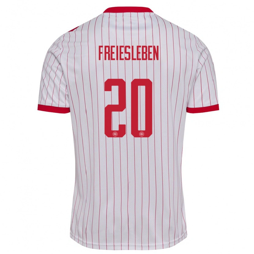 Danxen Mujer Camiseta Dinamarca Tristan Freiesleben #20 Blanco Rojo 2ª Equipación 26-28 La Camisa